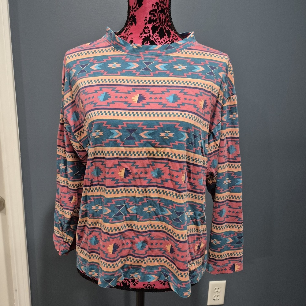 Vtg Nuovo Top Womens Large Pink Blue‎ Southwestern Aztec Cotton 80s 90s *Flaws